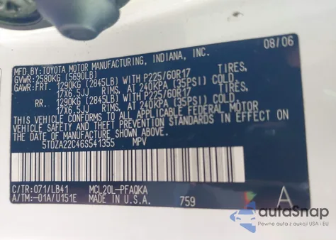 2006 Toyota Sienna Xle из США, поврежденный, VIN 5TDZA22C46S541355